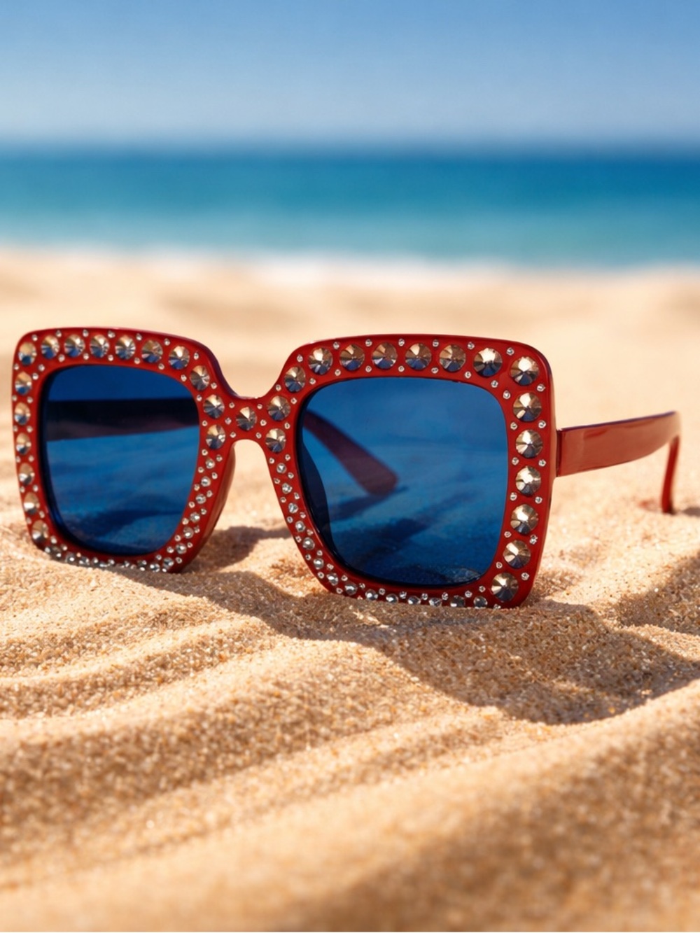 Set of two Patriotic Red Square Crystal-Trim Sunglasses with Blue Lenses
